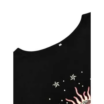 Remidoo Women Casual Off Shoulder Tops Sun and Moon Print Short Sleeve T Shirt Graphic Tees Black Sun Moon-c Medium