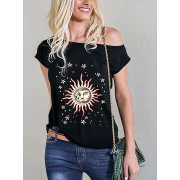 Remidoo Women Casual Off Shoulder Tops Sun and Moon Print Short Sleeve T Shirt Graphic Tees Black Sun Moon-c Medium