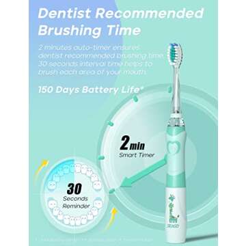 SEAGO Kids Electric Toothbrush with 2 Mins Brushing Timer and 4 Replacement Bursh Heads, Rainbow LED Light Make Brushing Fun, Green Color Boys Battery Powerd Toothbrush for 4-12 Years Old，SG-977