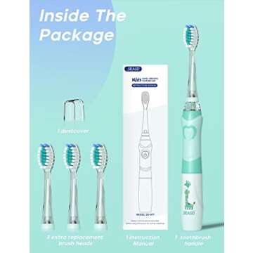 SEAGO Kids Electric Toothbrush with 2 Mins Brushing Timer and 4 Replacement Bursh Heads, Rainbow LED Light Make Brushing Fun, Green Color Boys Battery Powerd Toothbrush for 4-12 Years Old，SG-977