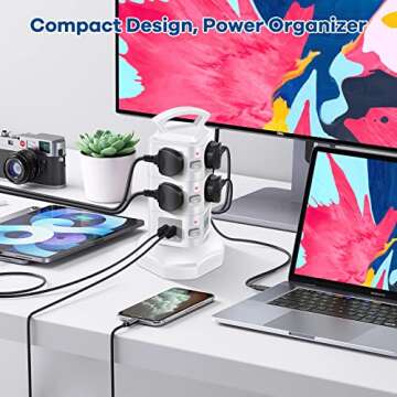 10-Outlet Power Strip Tower | Outlet Expander | Retractable Extension Cord with 4 USB Ports | Multi Plug Surge Protector for Multiple Devices, Cell Phone, Computer Accessories | Office, Desk Organizer