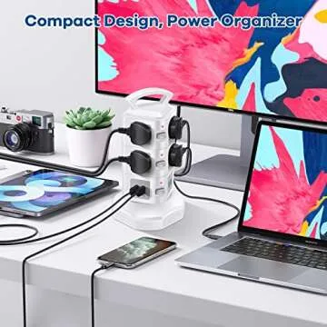10-Outlet Power Strip Tower | Outlet Expander | Retractable Extension Cord with 4 USB Ports | Multi Plug Surge Protector for Multiple Devices, Cell Phone, Computer Accessories | Office, Desk Organizer