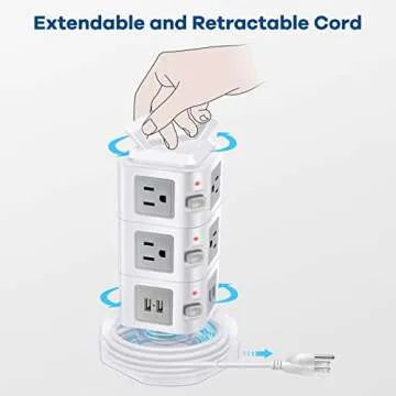 10-Outlet Power Strip Tower | Outlet Expander | Retractable Extension Cord with 4 USB Ports | Multi Plug Surge Protector for Multiple Devices, Cell Phone, Computer Accessories | Office, Desk Organizer