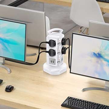 10-Outlet Power Strip Tower | Outlet Expander | Retractable Extension Cord with 4 USB Ports | Multi Plug Surge Protector for Multiple Devices, Cell Phone, Computer Accessories | Office, Desk Organizer