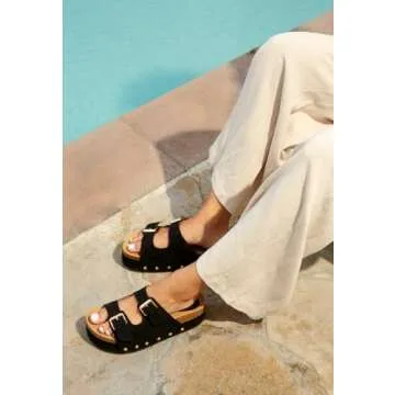 Yishaweiqi Women's Suede Platform Sandals Comfortable Cork Footbed Studded Flatform Sandals Adjustable Buckle Straps Flat Clogs Slide Sandals