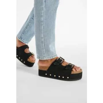 Yishaweiqi Women's Suede Platform Sandals Comfortable Cork Footbed Studded Flatform Sandals Adjustable Buckle Straps Flat Clogs Slide Sandals