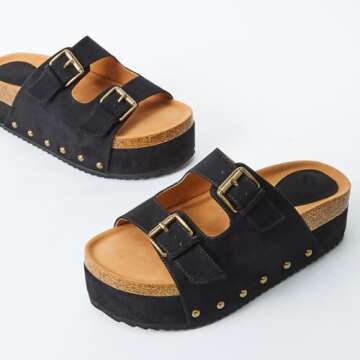 Yishaweiqi Women's Suede Platform Sandals Comfortable Cork Footbed Studded Flatform Sandals Adjustable Buckle Straps Flat Clogs Slide Sandals