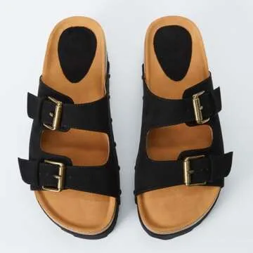 Yishaweiqi Women's Suede Platform Sandals Comfortable Cork Footbed Studded Flatform Sandals Adjustable Buckle Straps Flat Clogs Slide Sandals