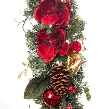 [9 Foot Artificial Christmas Garland] - Red Magnolia Collection - Red and Gold Decoration - Pre Lit ...
