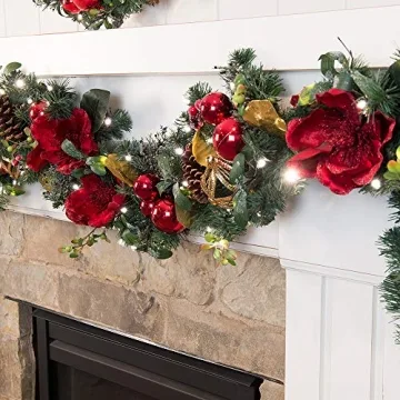 [9 Foot Artificial Christmas Garland] - Red Magnolia Collection - Red and Gold Decoration - Pre Lit with 100 Warm Clear Colored LED Mini Lights - Includes Remote Controlled Battery Powered Timer