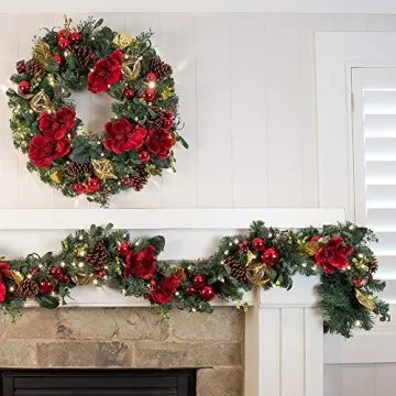[9 Foot Artificial Christmas Garland] - Red Magnolia Collection - Red and Gold Decoration - Pre Lit with 100 Warm Clear Colored LED Mini Lights - Includes Remote Controlled Battery Powered Timer