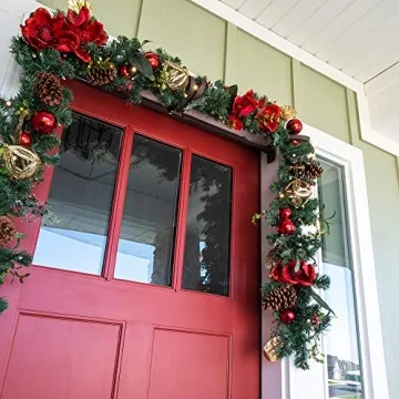 [9 Foot Artificial Christmas Garland] - Red Magnolia Collection - Red and Gold Decoration - Pre Lit with 100 Warm Clear Colored LED Mini Lights - Includes Remote Controlled Battery Powered Timer