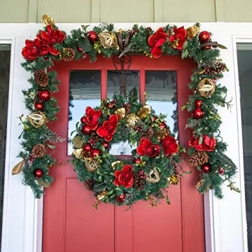[9 Foot Artificial Christmas Garland] - Red Magnolia Collection - Red and Gold Decoration - Pre Lit with 100 Warm Clear Colored LED Mini Lights - Includes Remote Controlled Battery Powered Timer
