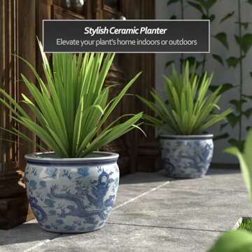 Red Lantern 14" Dragon Blue & White Porcelain Fishbowl Planter for Indoor/Outdoor Use in Garden Entr...