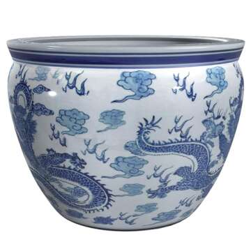 Red Lantern 14" Dragon Blue & White Planter for Home Decor