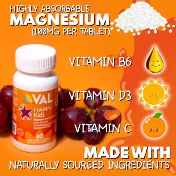 VAL Magnesium for Kids | High-Absorption Magnesium for Calm, Relaxation & Focus | Magnesium Glycinate, Citrate & Taurate | with Vitamin B6, D & C | Sugar-Free, Non-GMO | 60 Chewable Tablets