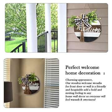 Welcome Sign for Front Door Decor, Farmhouse Decor Wreath Wall Hanging Welcome Door Sign with Wood Bead Garland with Tassels Welcome Front Porch Door Sign for Indoor Outdoor Home Decor