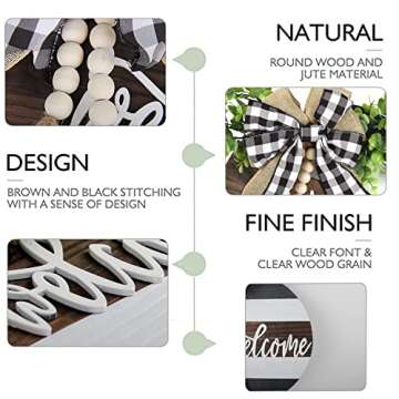 Welcome Sign for Front Door Decor, Farmhouse Decor Wreath Wall Hanging Welcome Door Sign with Wood Bead Garland with Tassels Welcome Front Porch Door Sign for Indoor Outdoor Home Decor