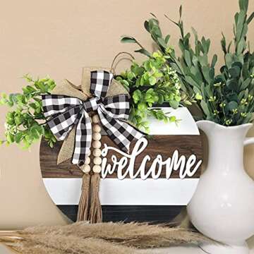 Welcome Sign for Front Door Decor, Farmhouse Decor Wreath Wall Hanging Welcome Door Sign with Wood Bead Garland with Tassels Welcome Front Porch Door Sign for Indoor Outdoor Home Decor