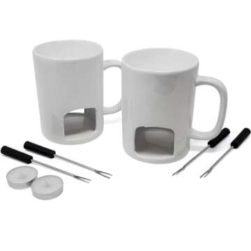 Kovot Personal Fondue Mugs Set of 2 | Ceramic Mugs for Chocolate or Cheese | Includes Forks and Teal...