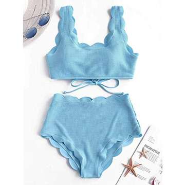 VOLAFA High Waisted Swimsuit Two Piece Bikini Set Scalloped Vintage Women Elastic Swimwear (Blue, S)
