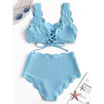 VOLAFA High Waisted Swimsuit Two Piece Bikini Set Scalloped Vintage Women Elastic Swimwear (Blue, S)