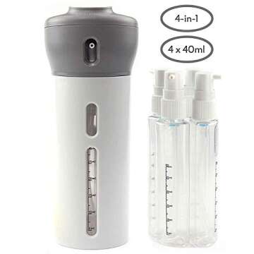Travigo 4-in-1 Travel Dispenser Bottle, TSA Approved,Includes Four Empty Reusable 1.4 oz. (40 mL) Cosmetic Toiletry Containers for Sanitizer, Soap, Lotions, Skincare, Makeup Products (Gray)