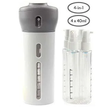 Travigo 4-in-1 Travel Dispenser Bottle, TSA Approved,Includes Four Empty Reusable 1.4 oz. (40 mL) Cosmetic Toiletry Containers for Sanitizer, Soap, Lotions, Skincare, Makeup Products (Gray)