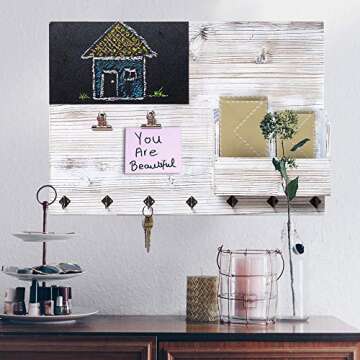 The Ultimate Rustic Wall Organizer! 4-in-1 Key Holder for Wall, Bulletin Board, Memo Chalk Board and Mail Organizer – Kitchen and Entryway Organizer with Keyholder Hooks, Clips and Letter Sorter!