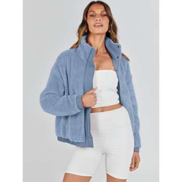 ANRABESS Womens Fleece Jacket Casual Long Sleeve Cropped Sherpa Button Down Fuzzy Warm Coats Fall Outwear With Pockets Blue Small