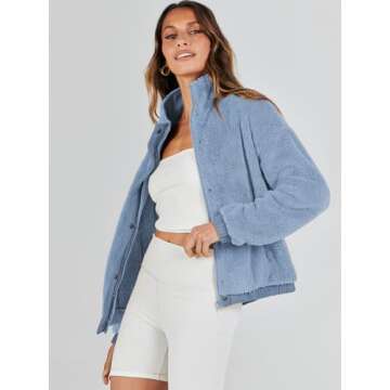 ANRABESS Womens Fleece Jacket Casual Long Sleeve Cropped Sherpa Button Down Fuzzy Warm Coats Fall Outwear With Pockets Blue Small