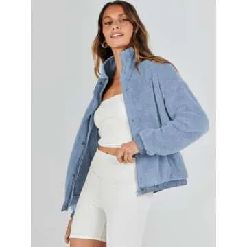 ANRABESS Womens Fleece Jacket Casual Long Sleeve Cropped Sherpa Button Down Fuzzy Warm Coats Fall Outwear With Pockets Blue Small