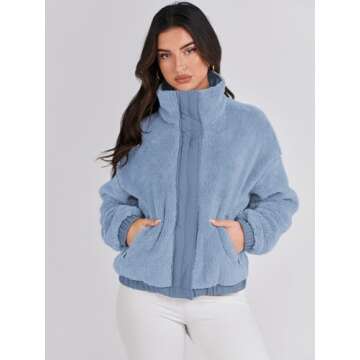 ANRABESS Womens Fleece Jacket Casual Long Sleeve Cropped Sherpa Button Down Fuzzy Warm Coats Fall Outwear With Pockets Blue Small