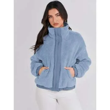 ANRABESS Womens Fleece Jacket Casual Long Sleeve Cropped Sherpa Button Down Fuzzy Warm Coats Fall Outwear With Pockets Blue Small