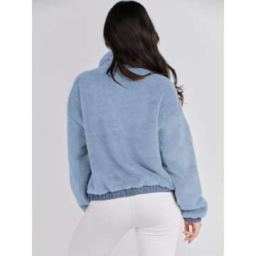 ANRABESS Womens Fleece Jacket Casual Long Sleeve Cropped Sherpa Button Down Fuzzy Warm Coats Fall Outwear With Pockets Blue Small
