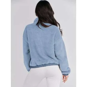 ANRABESS Womens Fleece Jacket Casual Long Sleeve Cropped Sherpa Button Down Fuzzy Warm Coats Fall Outwear With Pockets Blue Small