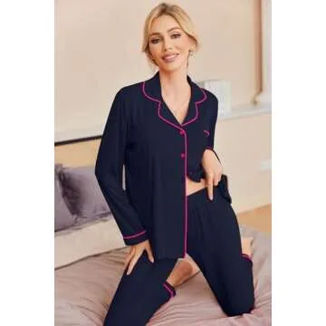 Ekouaer Pajamas Women's Long Sleeve Sleepwear Soft Button Down Loungewear Pjs Lounge Set Nightwear,Navy,Small