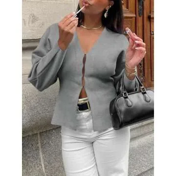Chic Saodimallsu Women’s V Neck Sweater Blazer - Light Grey Cardigan