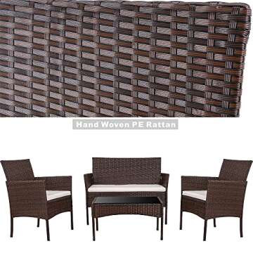 Walsunny 4 Pieces Outdoor Patio Furniture Sets Rattan Chair Wicker Set,Outdoor Indoor Use Backyard Porch Garden Poolside Balcony Furniture（Brown）
