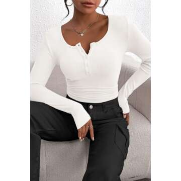 Stylish PRETTYGARDEN Women's Long Sleeve Henley Top - White