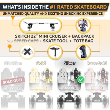 SKITCH Complete Skateboard Gift Set for All Ages | 22" x 6" Chrome Mini Cruiser Board + Skateboard Backpack + ABEC 9 Bearings + Skate Tool + Tote Bag | Skateboards for Kids, Teens and Adults (Silver)
