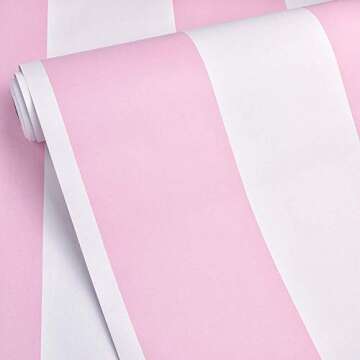 Self Adhesive Vinyl Pink and White Stripe Peel and Stick Wallpaper Shelf Liner for Walls Nursery Gir...