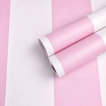 Self Adhesive Vinyl Pink and White Stripe Peel and Stick Wallpaper Shelf Liner for Walls Nursery Girls Bedroom Cabinets Dresser Drawer Furniture Decal Removable Waterproof 17.7x117 Inches