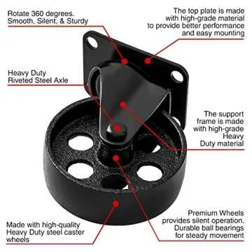 FactorDuty 4 All Black Metal Swivel Plate Caster Wheels w/Brake Lock Heavy Duty High-gauge Steel (4" Combo)