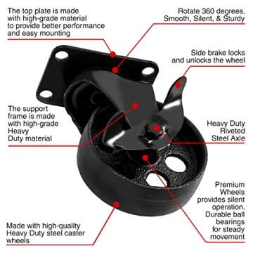 FactorDuty 4 All Black Metal Swivel Plate Caster Wheels w/Brake Lock Heavy Duty High-gauge Steel (4" Combo)