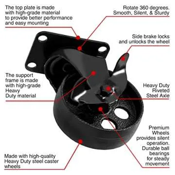 FactorDuty 4 All Black Metal Swivel Plate Caster Wheels w/Brake Lock Heavy Duty High-gauge Steel (4" Combo)