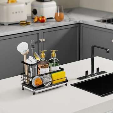 Cisily Kitchen Sink Caddy Organizer, Rustproof Non-Slip Soap Dish Dispenser Brush, Sponge Holder for Kitchen Sink, Kitchen Organization and Storage, Home Essentials Accessories（Matte Black）