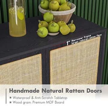 Yechen Set of 2 Sideboard Cabinet with Natural Rattan Decorated Doors, Rattan Cabinet Accent Buffet Console Cabinet Credenza Cupboard, for Living Room Dining Room Entryway Kitchen, Black, Metal Legs