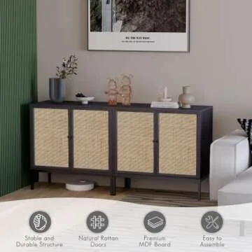 Yechen Set of 2 Sideboard Cabinet with Natural Rattan Decorated Doors, Rattan Cabinet Accent Buffet Console Cabinet Credenza Cupboard, for Living Room Dining Room Entryway Kitchen, Black, Metal Legs