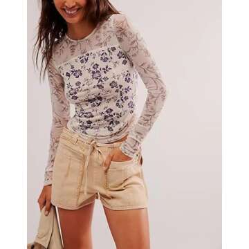 Women Y2K Floral Print Sheer Mesh Tops Long Sleeve Crew Neck Slim Fit Tops Vintage Flower Aesthetic Blouse